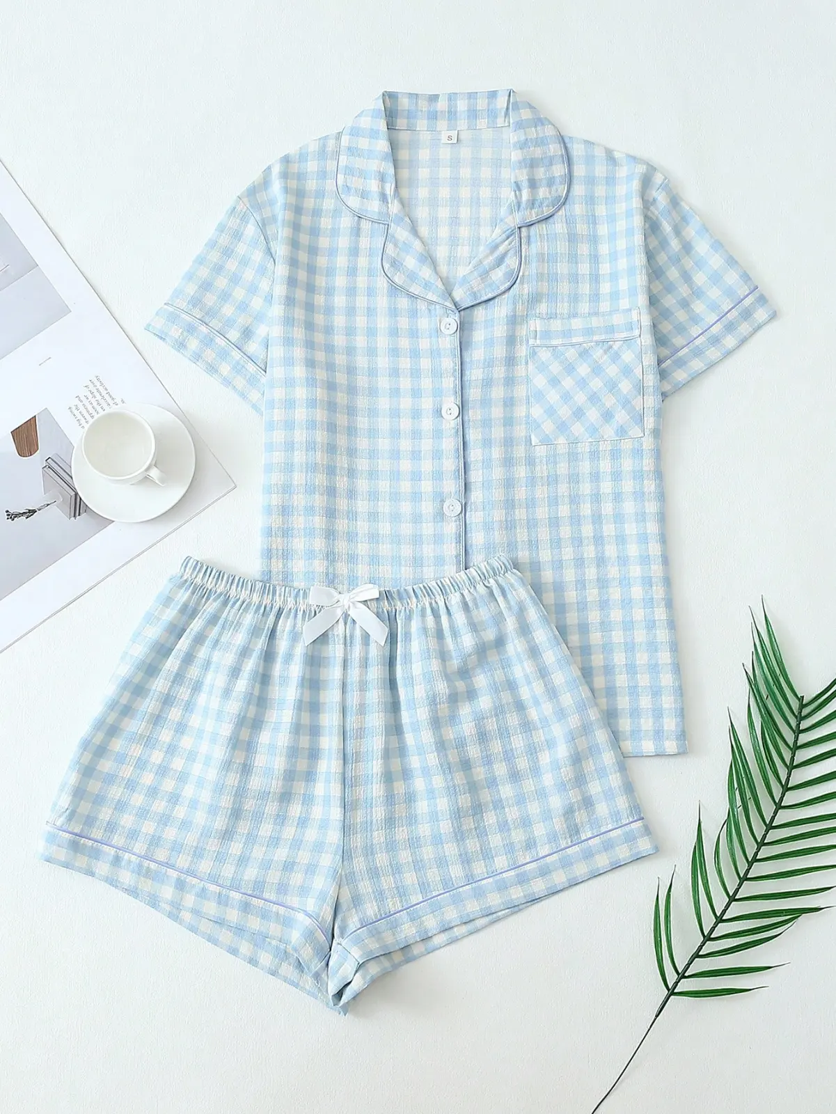 Pijama cuadros celeste talla L