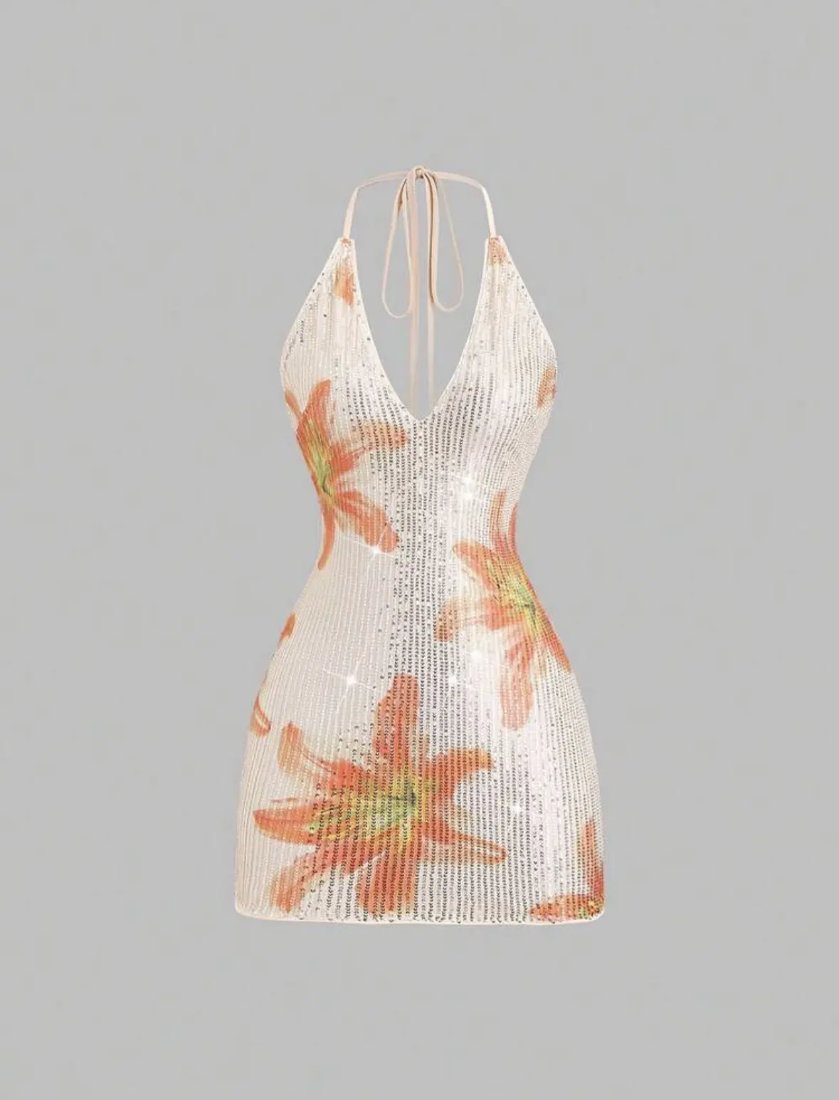 Vestido con estampado floral de lentejuelas en tono champagne y naranja Talla S