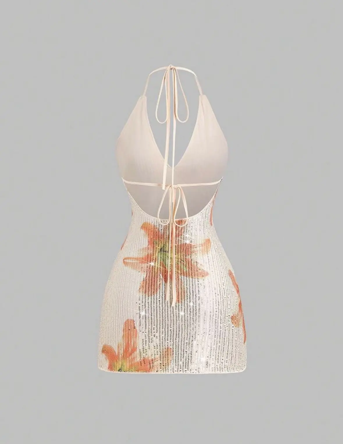 Vestido con estampado floral de lentejuelas en tono champagne y naranja Talla S