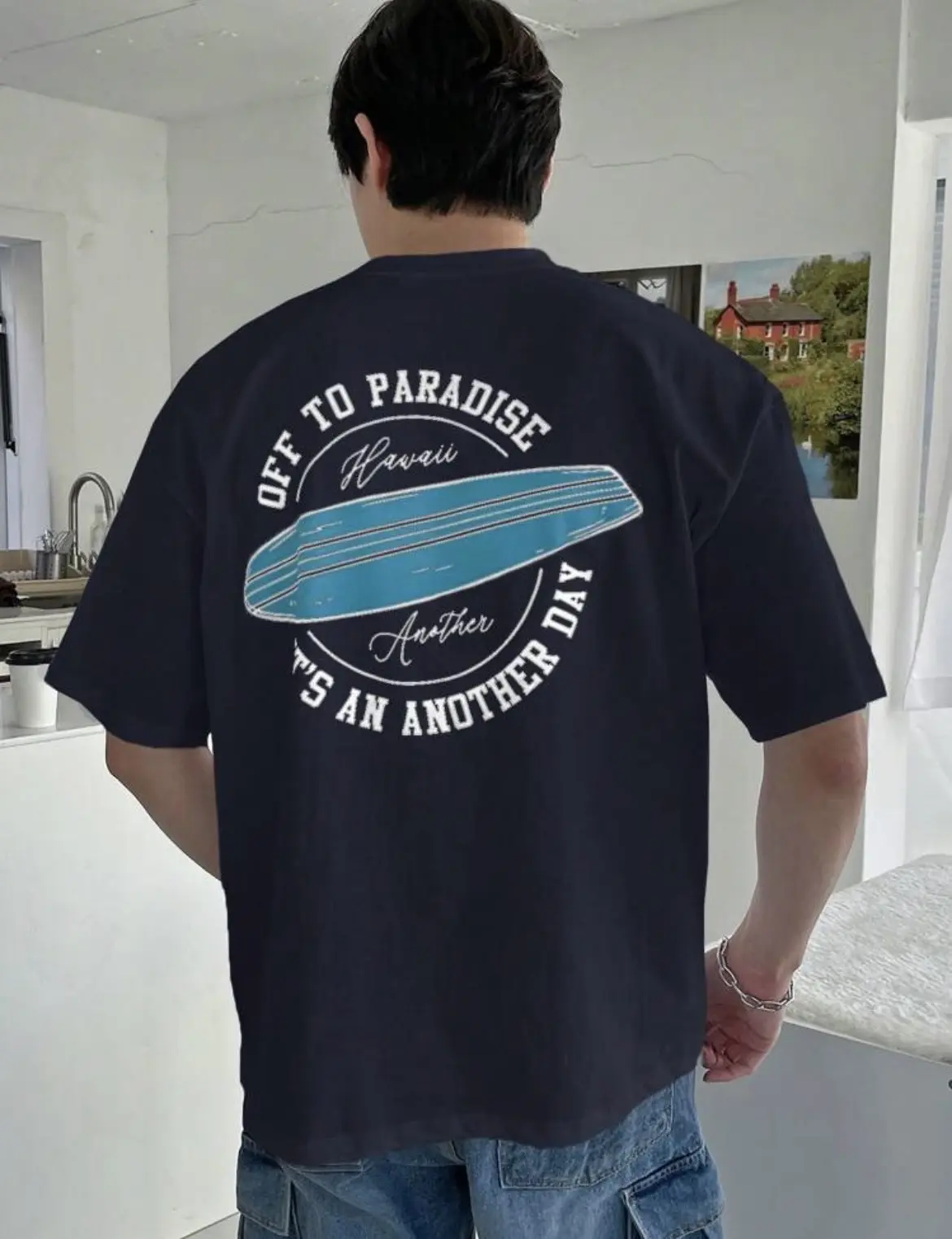 Camiseta color azul tabla de surf talla S