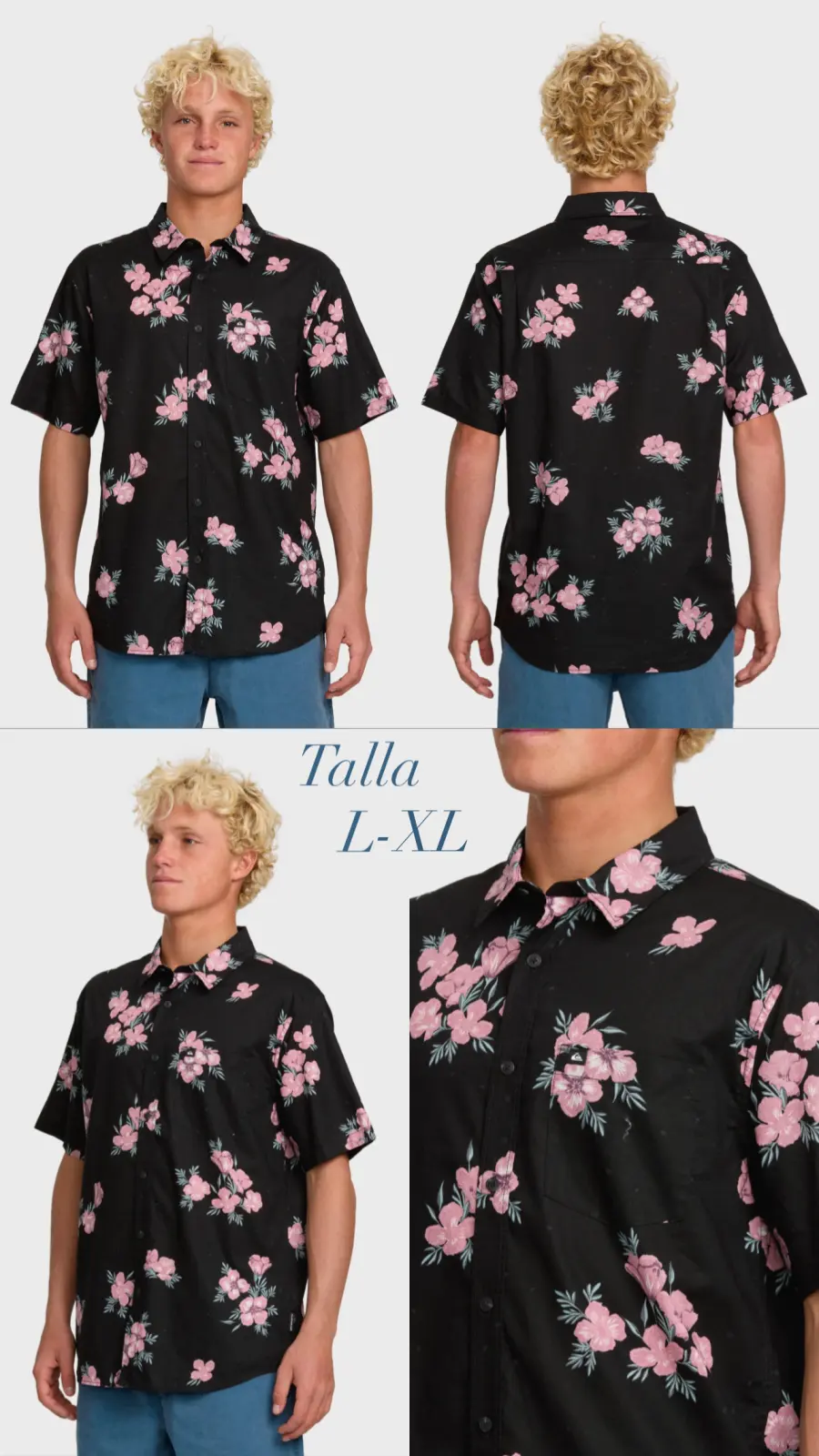 CAMISA QUIKSILVER NEGRA FLOR ROSA TALLA L