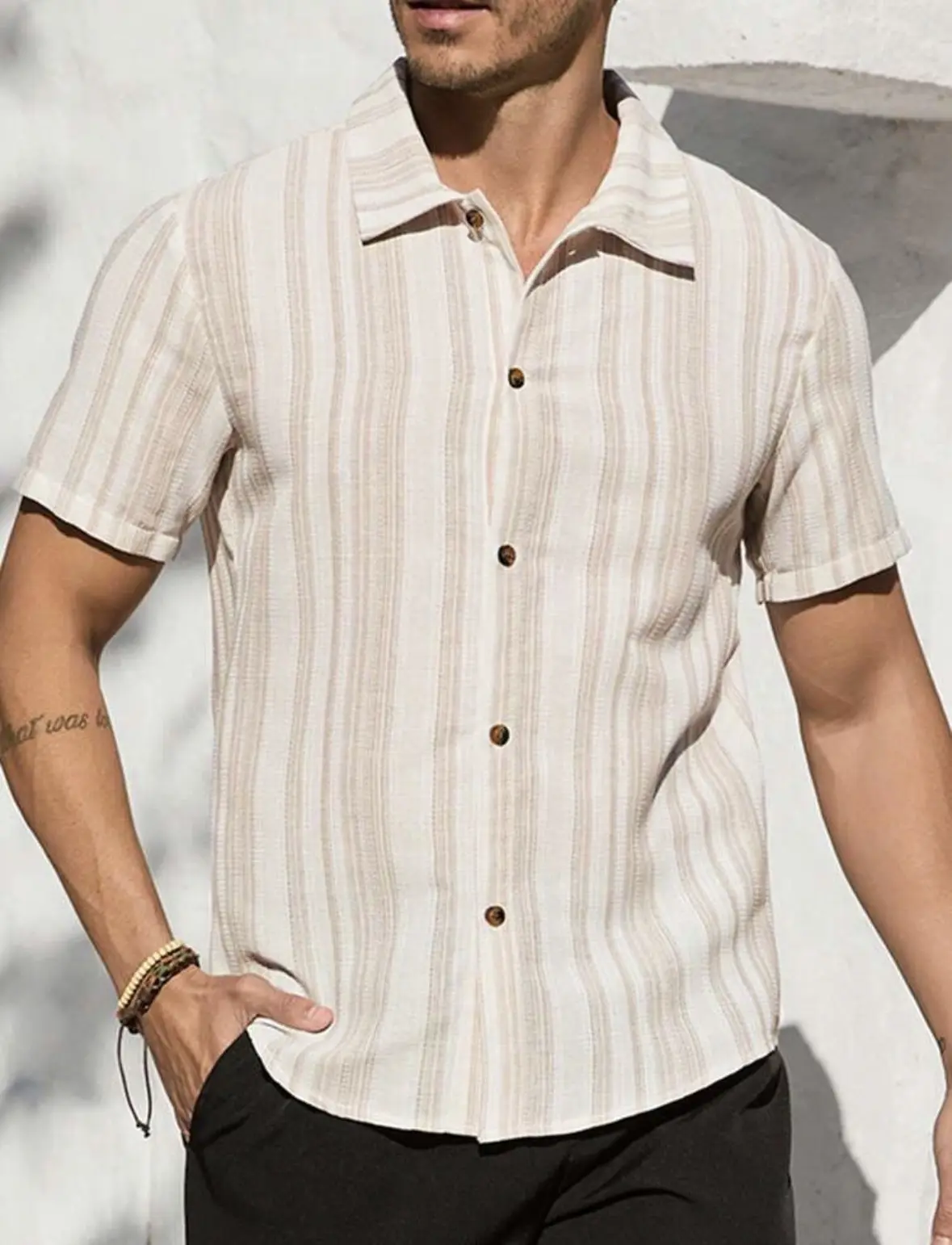 Camisa manga corta de rayas caqui Talla M