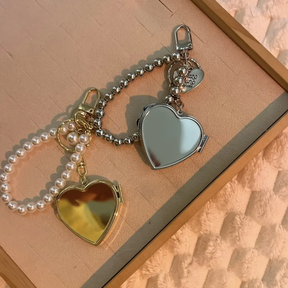 charms espejo de corazón, dorado y plateado