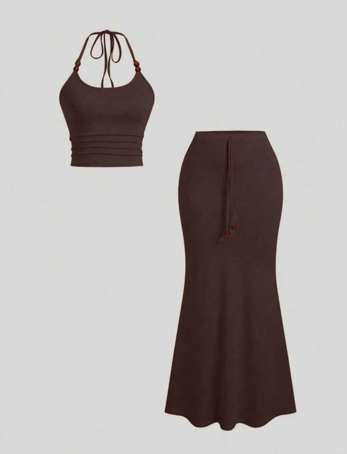 Conjunto de dos piezas color café, falda larga estilo sirena Talla M