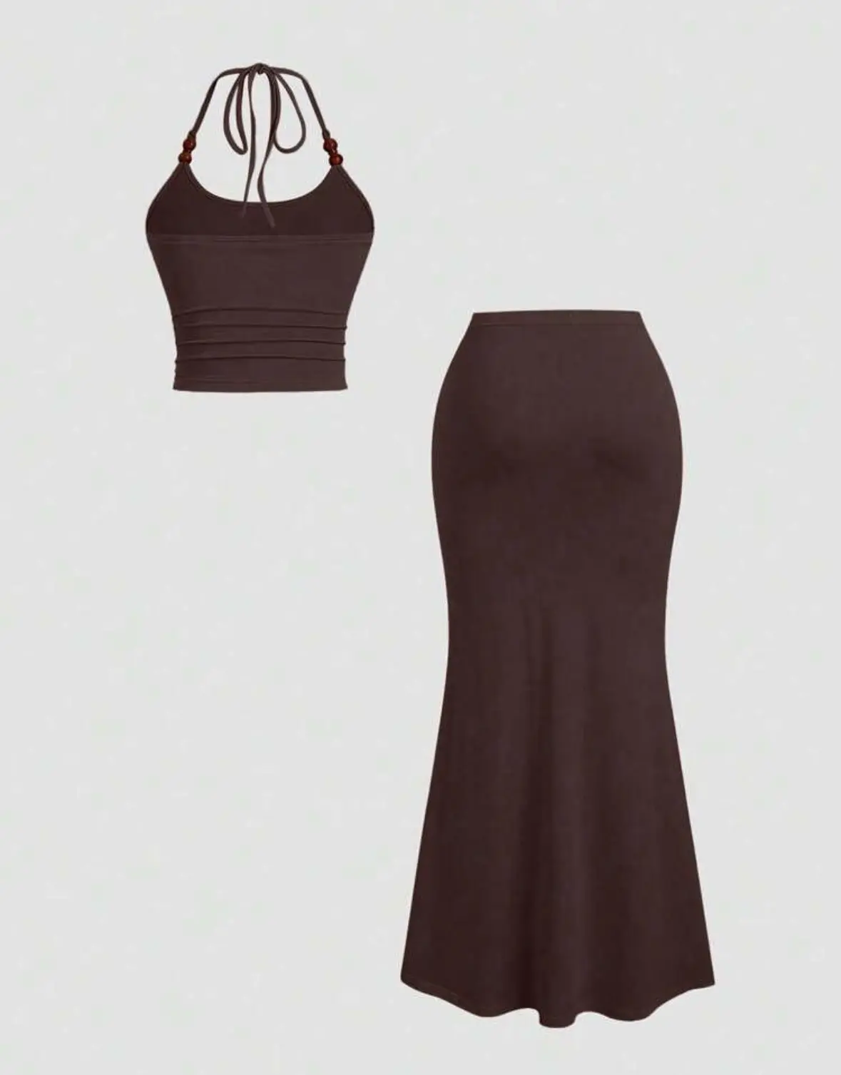 Conjunto de dos piezas color café, falda larga estilo sirena Talla M