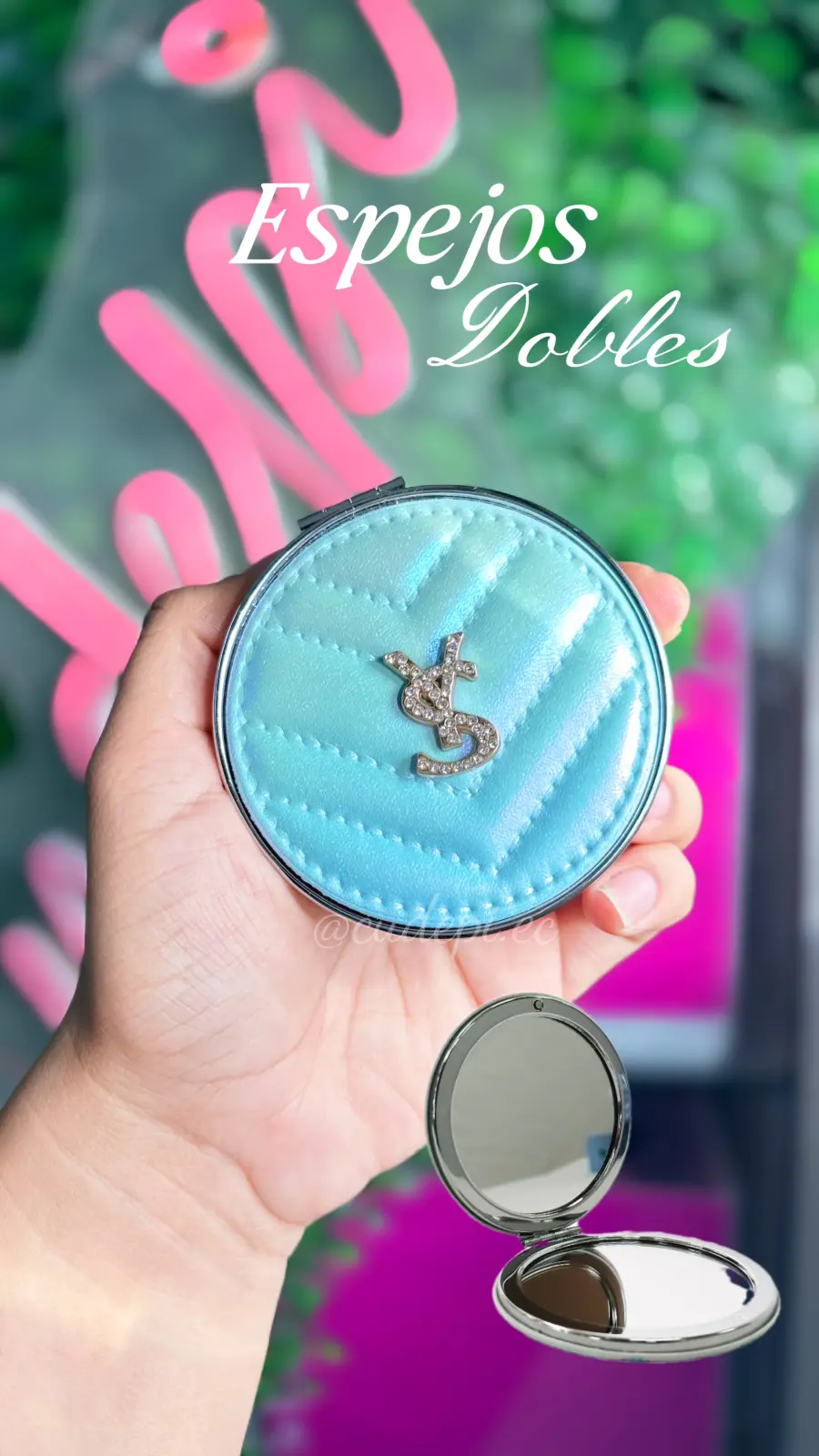 Maquillaje espejos dobles con aumento y sin aumento modelo elegante celeste