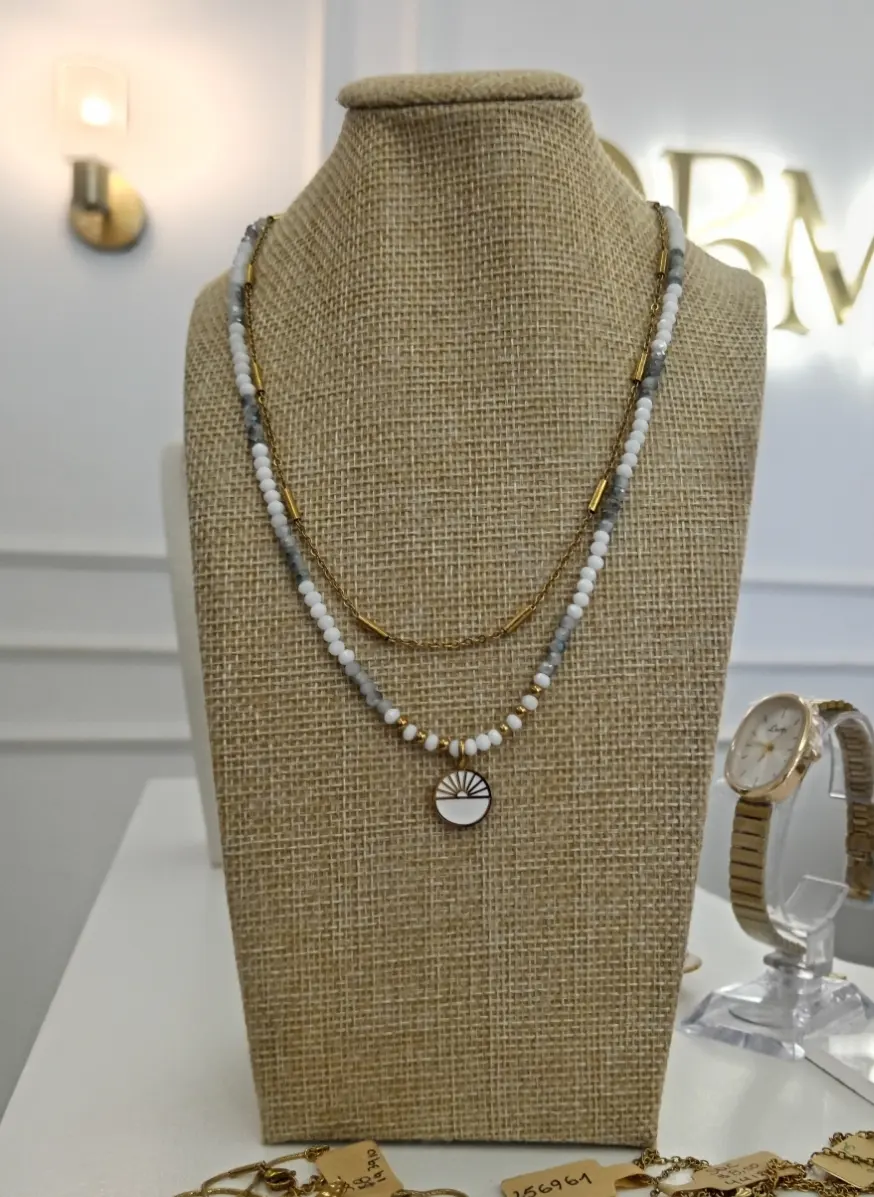 COLLAR BLANCO MAS GRIS CRISTALES DOBLE