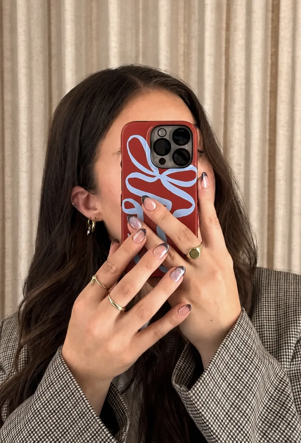 IPHONE CASE 15 PRO MAX DOBLE ROJO LAZO CELESTE