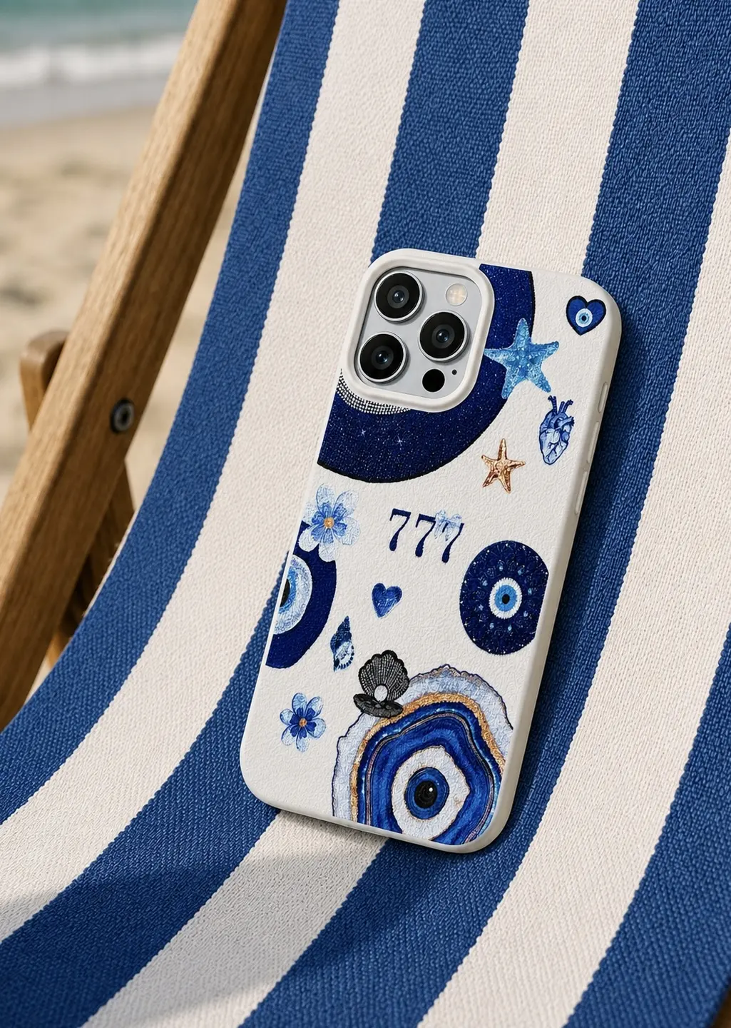 IPHONE CASE 14 PRO MAX BEIGE OJO TURCO AZUL