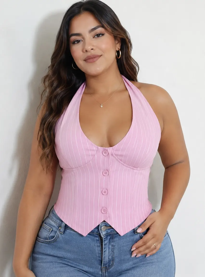 CHALECO ROSADO FINAS LINEAS BLANCAS M