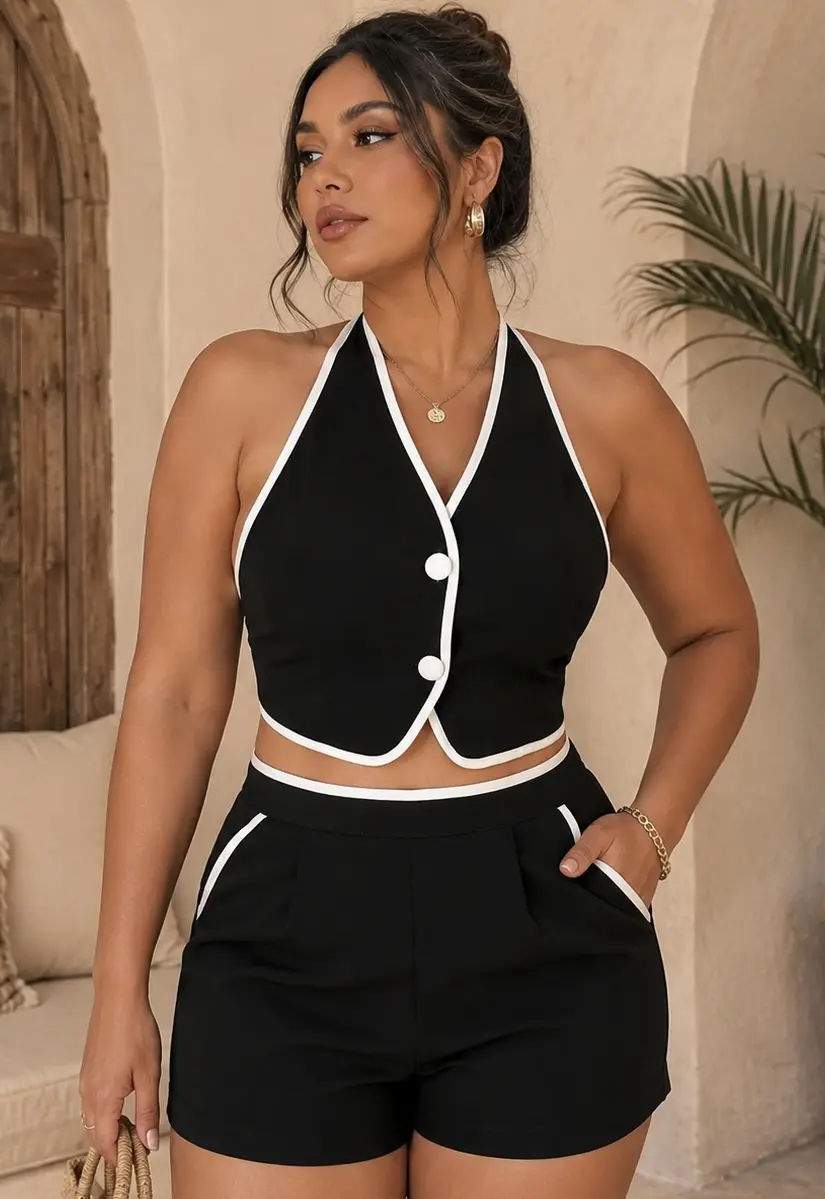 CONJUNTO ELEGANTE NEGRO FILOS BLANCOS M