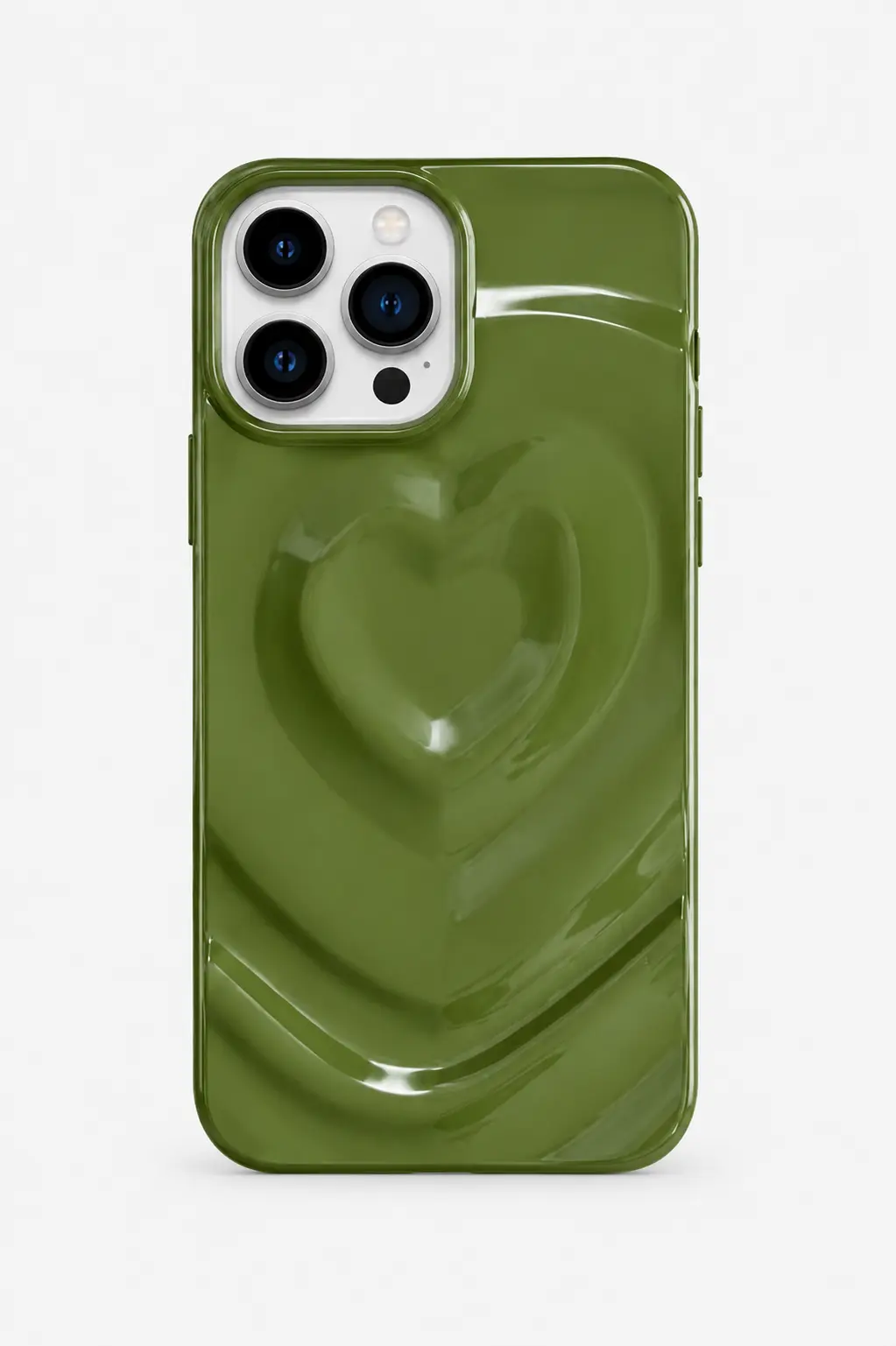 IPHONE CASE 13 PRO MAX VERDE OLIVA CON RELIEVE DE CORAZON