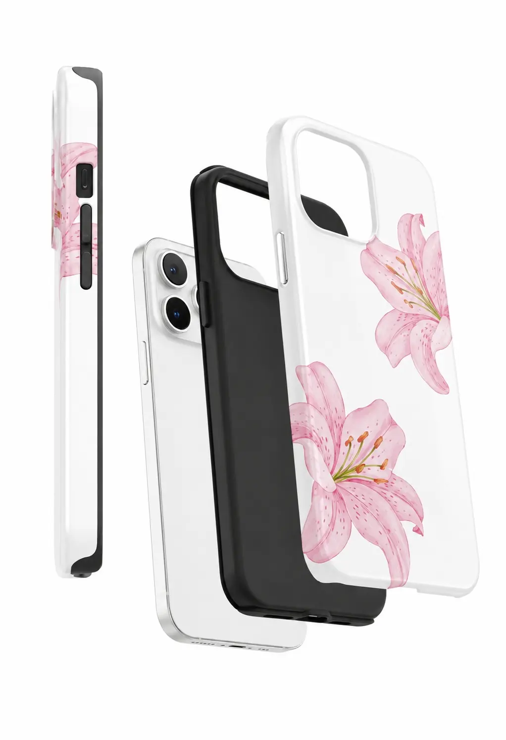IPHONE CASE 13 PRO DOBLE BLANCO CON DOS FLORES LIRIO EN BORDES