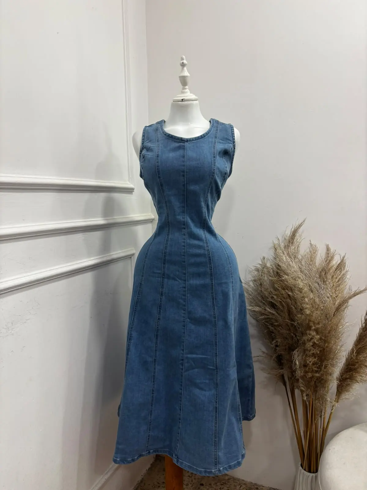 Vestido jeans largo acampanado tirantes gruesos talla m/l color azul claro
