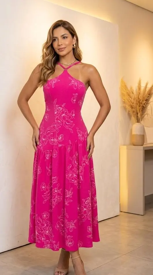 Vestido Floral  largo viena fucsia VE-01