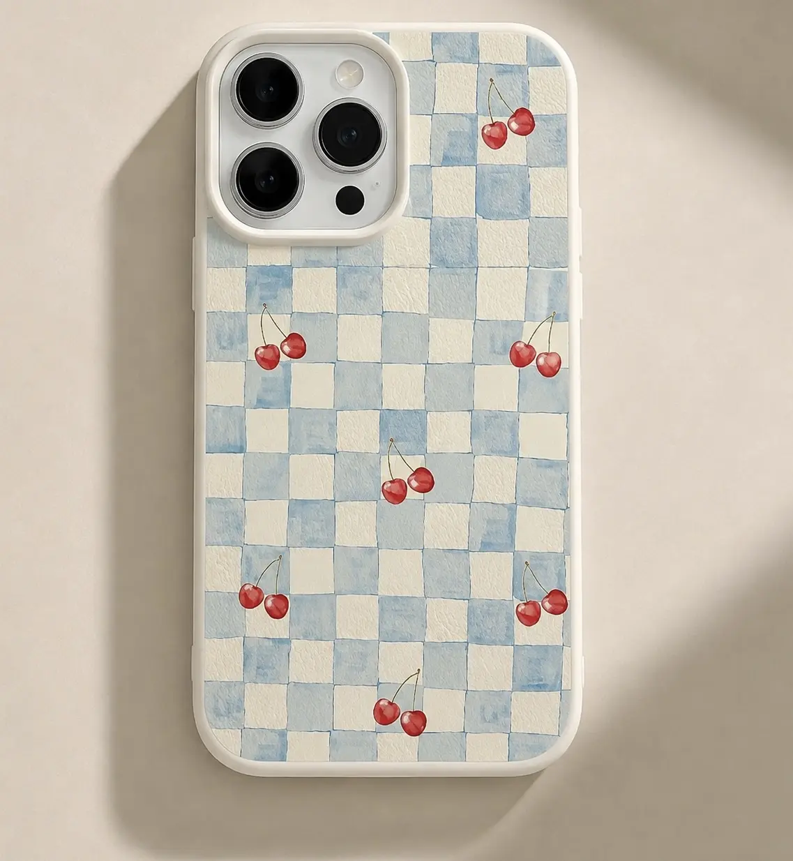 CASE IPHONE 12 PRO MAX DISEÑO CUADROS CELESTE CON CEREZAS