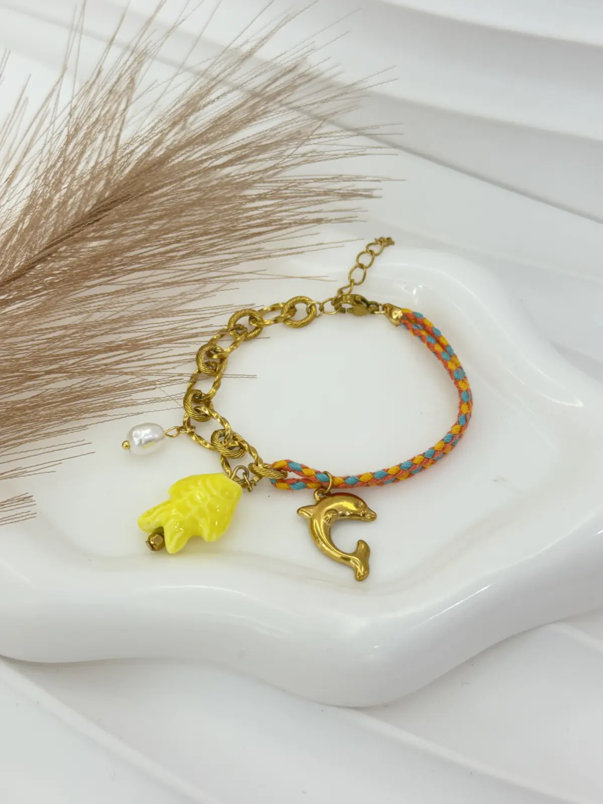 BR00-373 Pulsera dorada mitad cordon pez amarillo