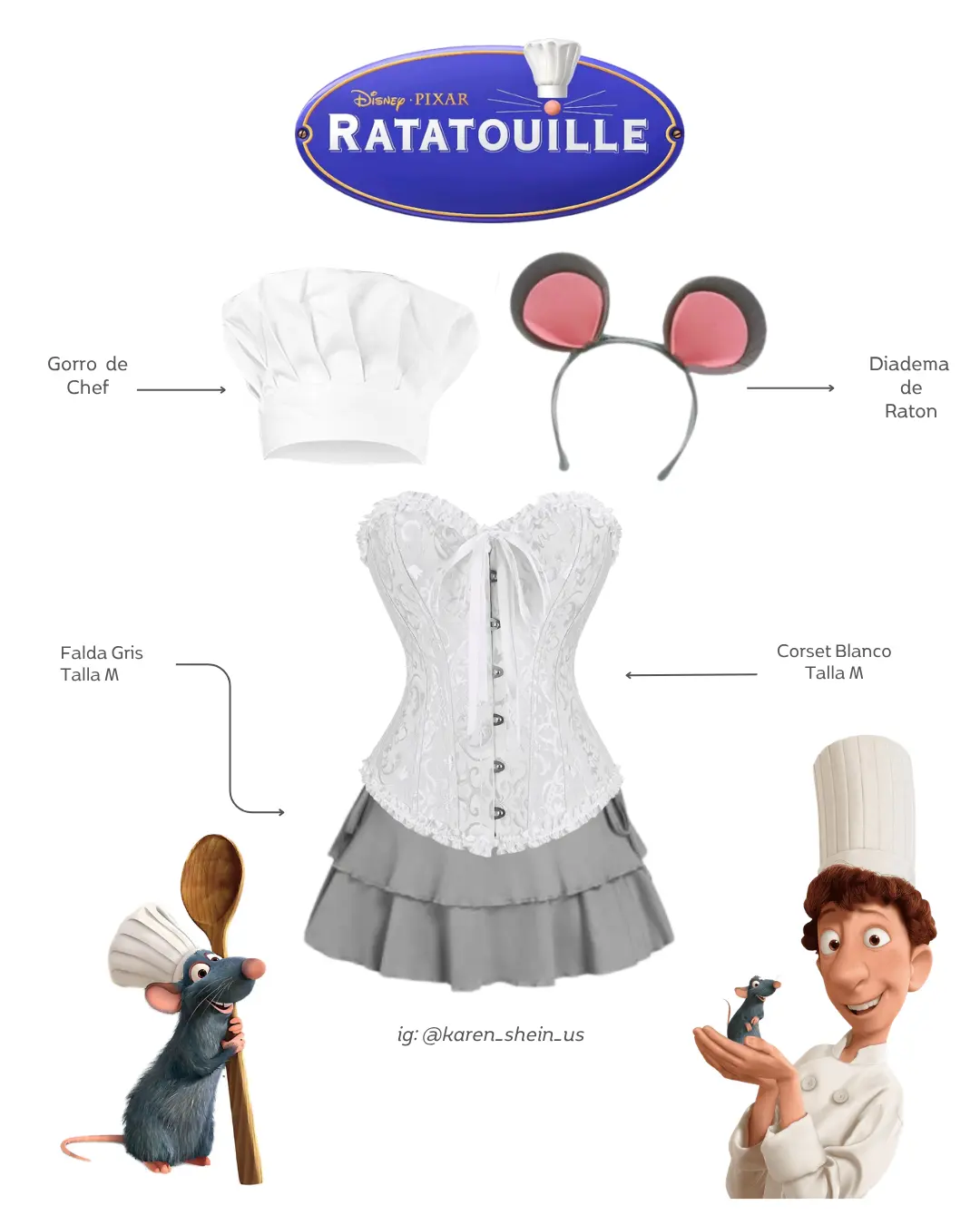 Disfraz RataToille 4 Piezas, Falda gris, corsert blanco, siade,a de raton y gorro de chef - Talla M
