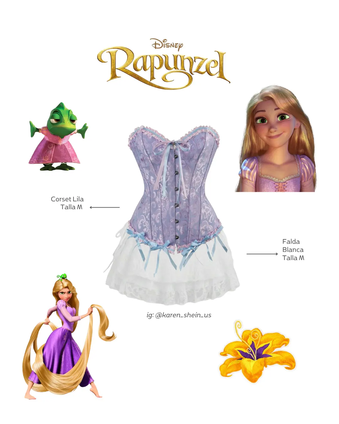 Disfraz de Rapunzel 2 Piezas Corset Lila y falda short blanca azulada de randa - Talla M