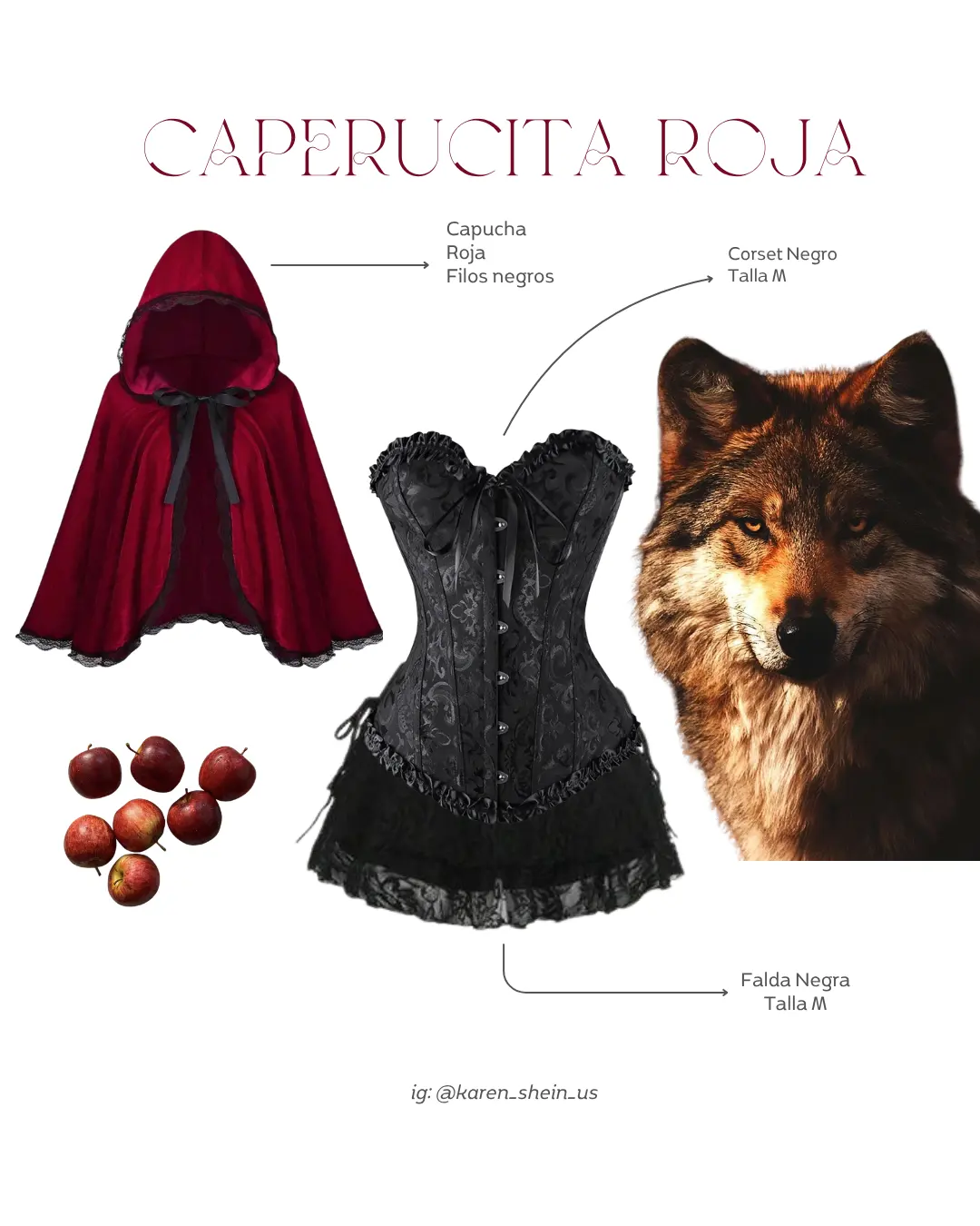 Disfraz de caperucita Roja 3 Piezas corsert negro, falda negra y capucha roja de terciopelo con filos negros de randa - Talla M
