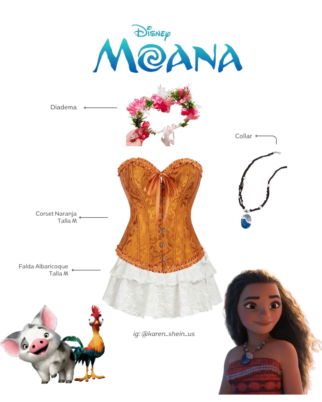 Disfraz de Moana 4 Piezas, Corset naranja, falda albaricoque, corona de blores rosa y collar de moana - Talla M