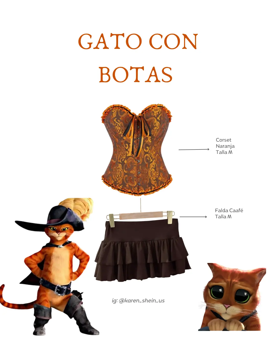 Disfraz del Gato con Botas 2 Piezas Corsert naranja con negro y Flada short café - Talla M