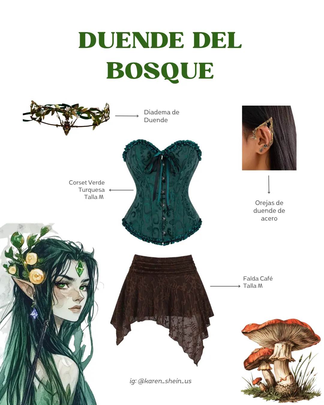 Disfraz de Elfo 4 Piezas, falda café, corsert verde turqueza, diadema y orejas de elfo - Talla M